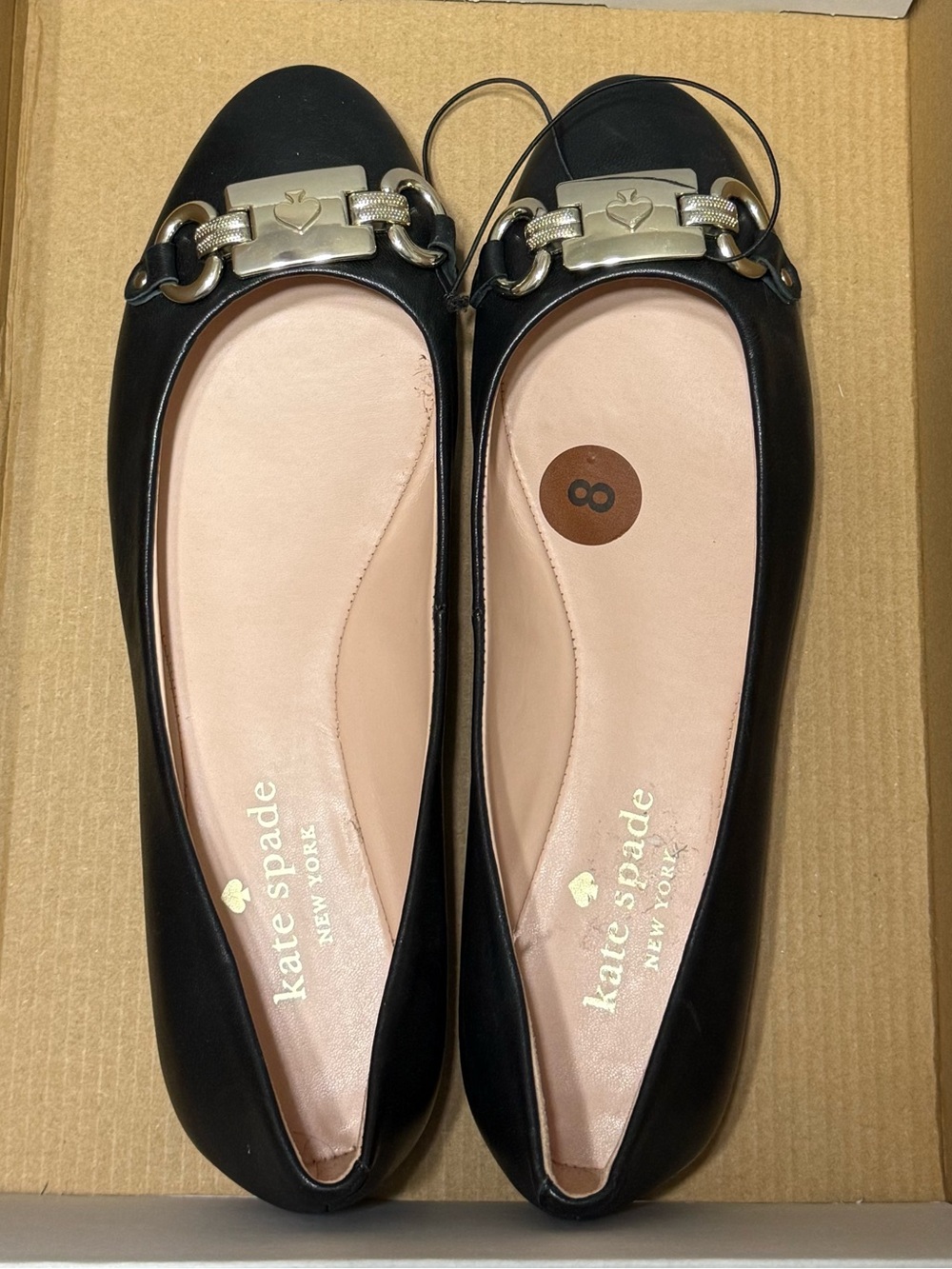 New Kate Spade Payton Black Leather Ballet Flats with Metal Bit size 8